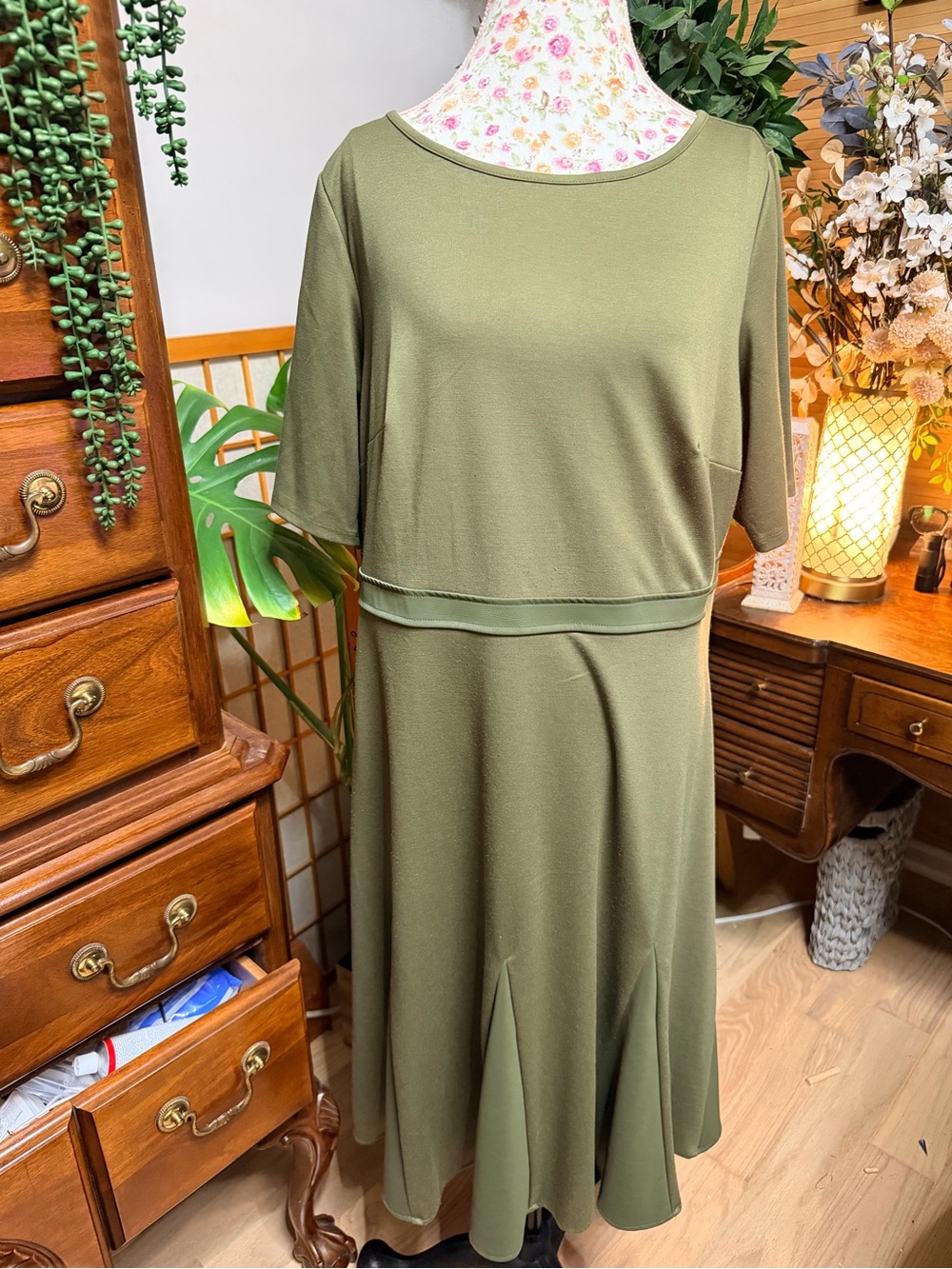 Jessica London Olive Green faux leather / knit Flared Midi Dress - 18W